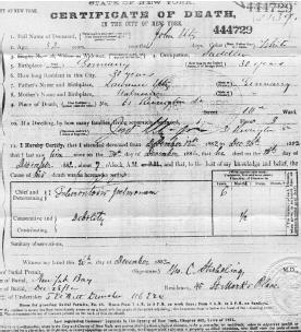 Death Certificate of John Utz, Sr., NYC Archives