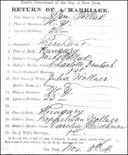 Marriage Certificate of Sam Pollak and Julia Wollner, NYC Archives